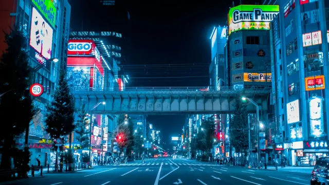 Leuchtreklamen und leere Straße im Tokioter Viertel Akihabara bei Nacht – Unterschied Hentai Anime