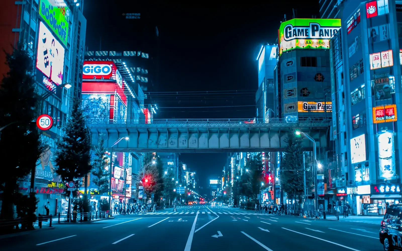 Leuchtreklamen und leere Straße im Tokioter Viertel Akihabara bei Nacht – Unterschied Hentai Anime
