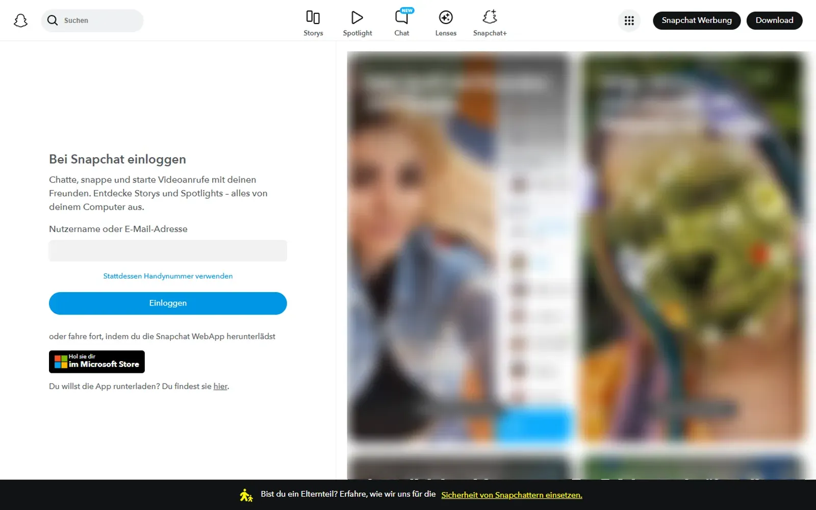 Startseite von Snapchat mit Login-Feld, Personen unkenntlich gemacht