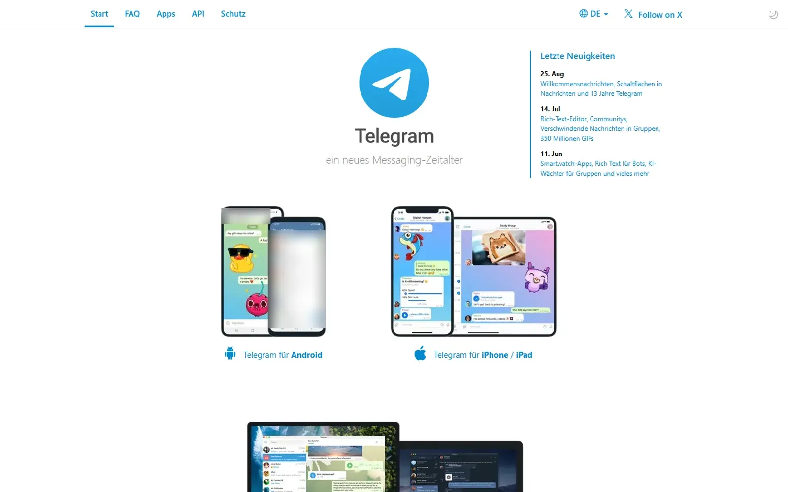 Startseite von Telegram mit App-Vorschau für Android und iPhone